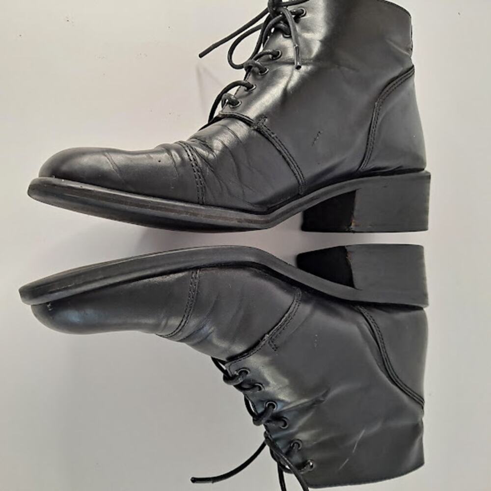 90s Lace Up Leather Derby Ankle Boot West Womens 6 Square Toe 1.5" Heel Black